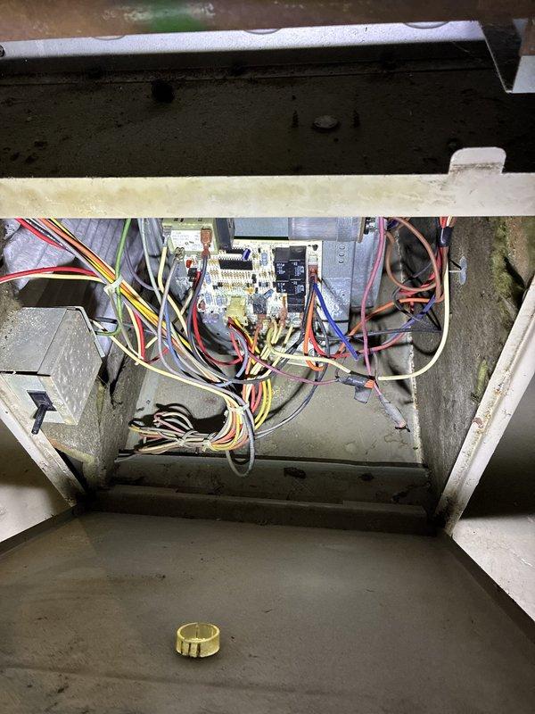 Responded to furnace replacement estimate request for unit damaged by water intrusion. Upon inspection, found extensive water damage to the furnace cabinet, control board, and internal components rendering the system non-repairable. Documented existing equipment condition including corroded wiring harnesses, compromised electrical connections, and water-damaged blower assembly. Issued shut-off notice and provided customer with furnace replacement options to restore heating functionality to the property.