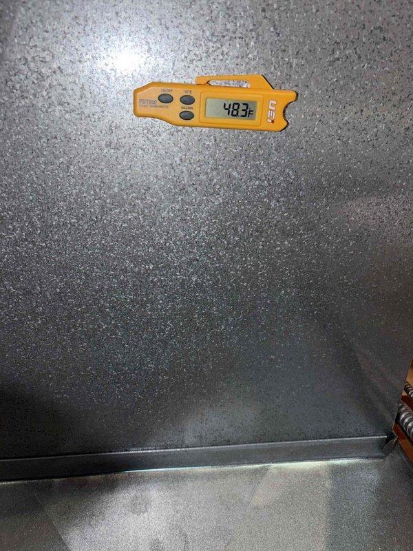 Completed scheduled preventive maintenance on residential cooling system. Performed comprehensive inspection of AC unit, checked refrigerant temperatures with supply air measuring 48.3°F and return air at 72.5°F, indicating proper system operation and adequate temperature differential. Observed normal condensation on ductwork, confirming effective cooling performance and proper system function.