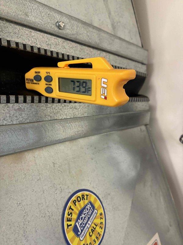 Completed scheduled preventive maintenance on residential heating system. Performed temperature diagnostics at supply register measuring 97.1°F and at furnace test port measuring 73°F, confirming proper heat rise and system operation within manufacturer specifications.