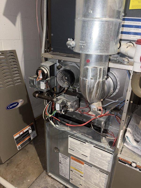 # HVAC Heating Maintenance Completed

Performed comprehensive heating maintenance on a Carrier gas furnace system as part of routine preventive maintenance service. Upon inspection, discovered significant dust and debris accumulation on the blower wheel assembly, with thick grayish buildup covering the blades that indicated extended operation without cleaning. Thoroughly cleaned the blower wheel and housing to restore optimal airflow efficiency and prevent reduced heating performance.

Inspected all internal mechanical and electrical components including the blower motor, wiring connections, and ductwork assembly. Verified proper operation of the motor windings and circular blower fan. Checked all electrical connections including red, white, and green wires for secure attachment and proper termination. Examined furnace cabinet, metal framework, and galvanized duct pipe for structural integrity and proper installation. All manufacturer labels, safety warnings, and technical specificatio