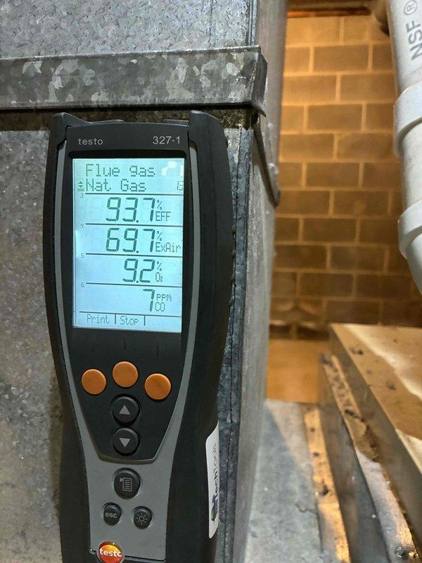 Completed scheduled heating maintenance on two furnace systems as part of ongoing preventive maintenance program. Performed comprehensive system inspections including combustion analysis using flue gas analyzer, which confirmed efficient operation with readings of 93.7°F flue temperature, 69.7% efficiency, and safe 1 PPM carbon monoxide levels on natural gas equipment. Inspected blower wheel assembly, verified clean condition of squirrel cage fan with no debris accumulation, and confirmed proper motor operation and airflow components functioning within normal parameters.