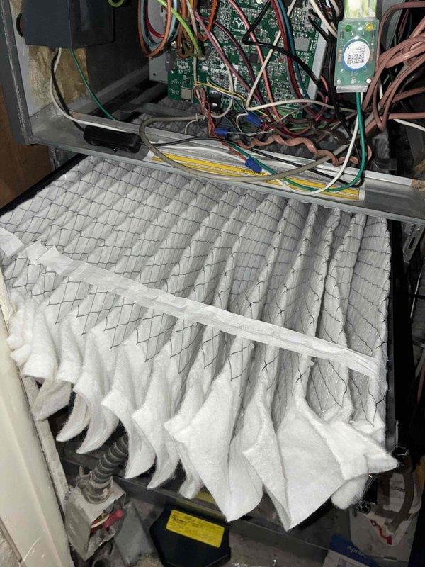 Completed scheduled preventive maintenance on residential furnace system. Inspected internal components, control board, and wiring connections for proper operation. Replaced heavily soiled air filter that showed significant dust accumulation. Performed electrical diagnostics using clamp meter, verifying system voltage and amperage readings within manufacturer specifications at 505 volts. All safety controls, blower assembly, and ignition components tested and found operating normally. Completed scheduled preventive maintenance on residential furnace system. Inspected internal components, control board, and wiring connections for proper operation. Replaced heavily soiled air filter that showed significant dust accumulation. Performed electrical diagnostics using clamp meter, verifying system voltage and amperage readings within manufacturer specifications at 505 volts. All safety controls, blower assembly, and ignition components tested and found operating normally.