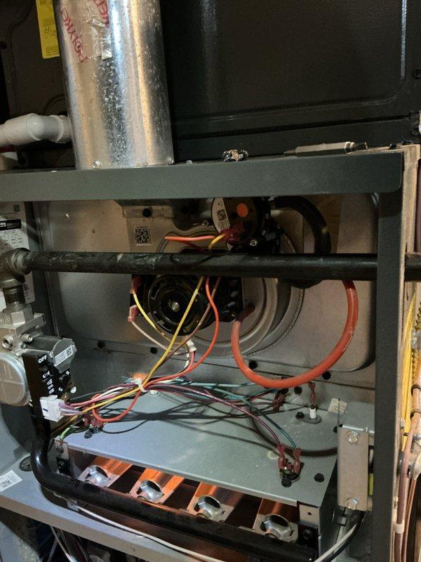 Completed scheduled heating maintenance on residential furnace system. Performed comprehensive inspection of internal components including blower motor assembly, electrical connections, wiring harnesses, and safety controls. Accessed unit interior, examined all wire terminations for secure connections, verified proper motor operation, and inspected sensor components. All systems found operational with properly organized wiring and intact mechanical components. Completed scheduled heating maintenance on residential furnace system. Performed comprehensive inspection of internal components including blower motor assembly, electrical connections, wiring harnesses, and safety controls. Accessed unit interior, examined all wire terminations for secure connections, verified proper motor operation, and inspected sensor components. All systems found operational with properly organized wiring and intact mechanical components.