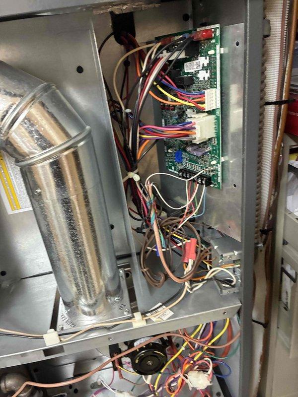 Completed comprehensive heating tune-up on Amana HVAC system, including inspection of all major components, control boards, and electrical connections. Verified clean air filter installation, checked thermostat operation, and confirmed proper system functionality. All circuit boards, wiring harnesses, and blower motor components inspected and found in good working condition with no issues identified. Completed comprehensive heating tune-up on Amana HVAC system, including inspection of all major components, control boards, and electrical connections. Verified clean air filter installation, checked thermostat operation, and confirmed proper system functionality. All circuit boards, wiring harnesses, and blower motor components inspected and found in good working condition with no issues identified.