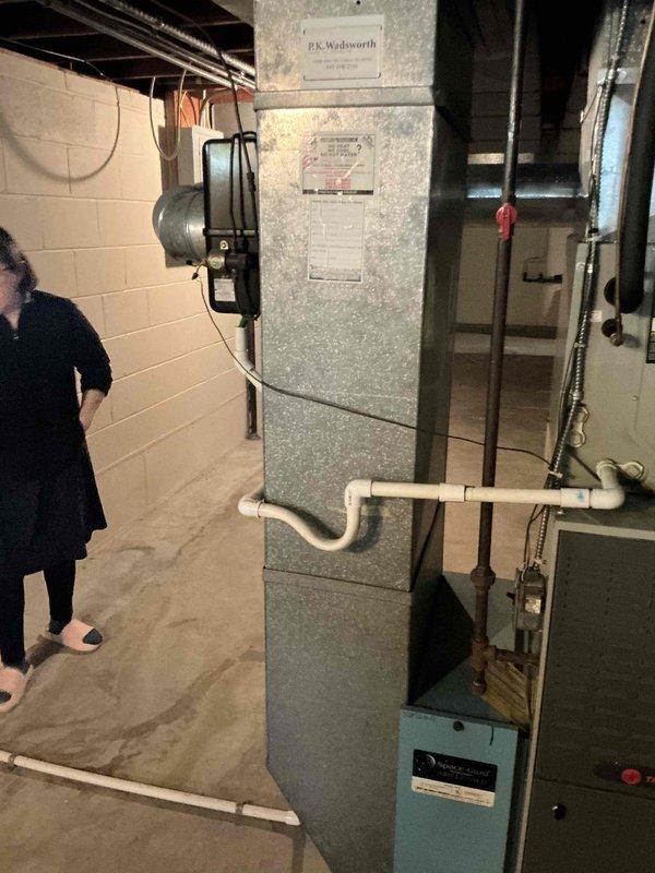 Performed diagnostic evaluation on aging B.K. Wadsworth furnace system presenting with heat exchanger failure. Unit is out of warranty and requires replacement due to compromised heat exchanger integrity, which poses safety concerns. Provided customer with furnace replacement options and estimates for new equipment installation, including assessment of existing ductwork connections and PVC venting configuration in basement mechanical room. Performed diagnostic evaluation on aging B.K. Wadsworth furnace system presenting with heat exchanger failure. Unit is out of warranty and requires replacement due to compromised heat exchanger integrity, which poses safety concerns. Provided customer with furnace replacement options and estimates for new equipment installation, including assessment of existing ductwork connections and PVC venting configuration in basement mechanical room.