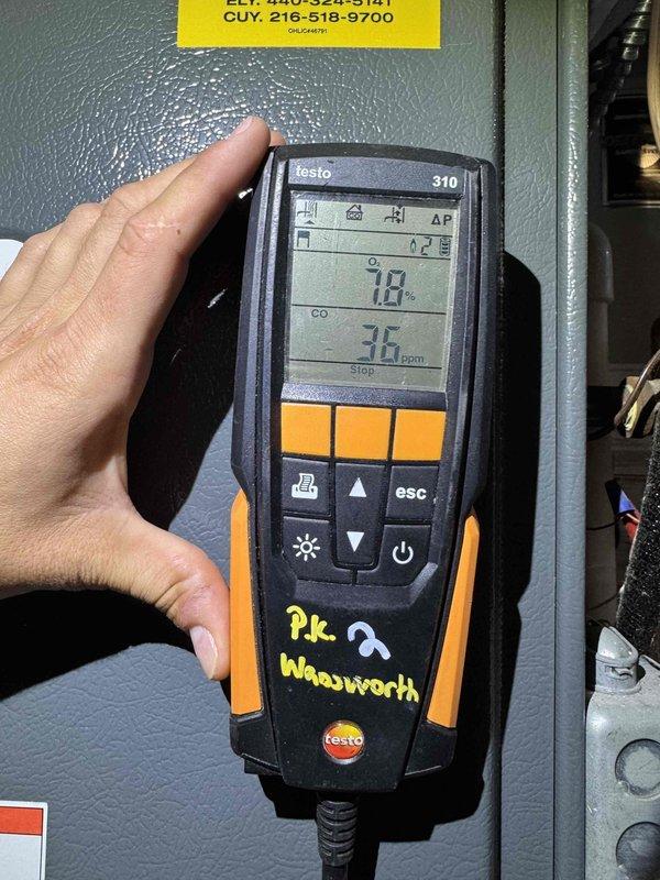 Performed routine heating maintenance on a wall-mounted garage heating unit over 10 years old. Conducted combustion analysis testing using a Testo 310 analyzer, recording oxygen levels at 18% and carbon monoxide at 36 ppm, inspected all accessible components including the heat exchanger, burner assembly, and gas valve connections, and verified proper operation of the system. Performed routine heating maintenance on a wall-mounted garage heating unit over 10 years old. Conducted combustion analysis testing using a Testo 310 analyzer, recording oxygen levels at 18% and carbon monoxide at 36 ppm, inspected all accessible components including the heat exchanger, burner assembly, and gas valve connections, and verified proper operation of the system.