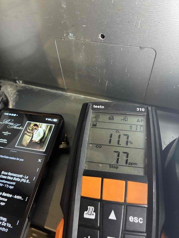 Completed comprehensive heating maintenance on two HVAC systems. Performed combustion analysis testing on both units using calibrated digital instruments, measuring oxygen levels at 11.7% and carbon monoxide at 77 ppm to ensure safe and efficient operation. Inspected heat exchangers, burner assemblies, and all system components for proper function and safety compliance.