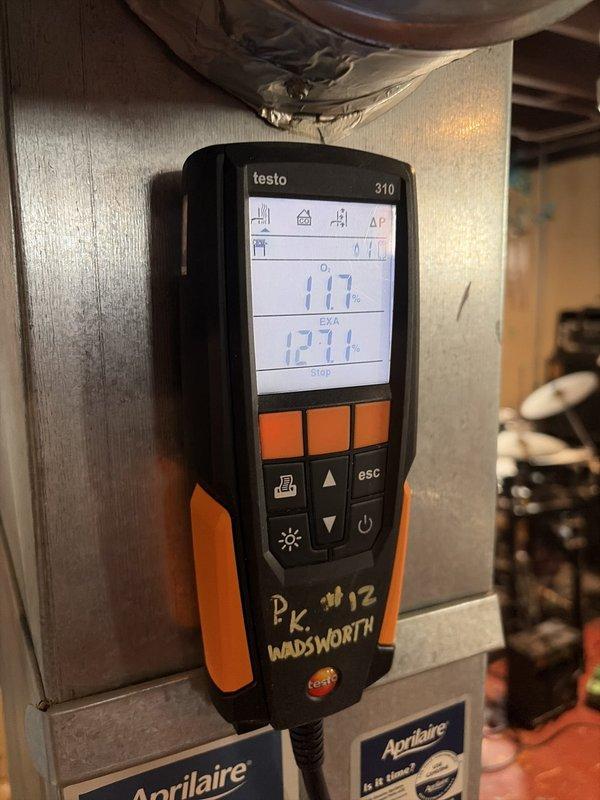 Completed scheduled heating maintenance on furnace system as part of ongoing preventative maintenance program. Performed combustion analysis using calibrated test equipment, recording exhaust temperatures and oxygen levels to verify proper burner operation and system efficiency. Inspected blower motor assembly, electrical connections, and wiring terminals to ensure safe operation and proper system function.