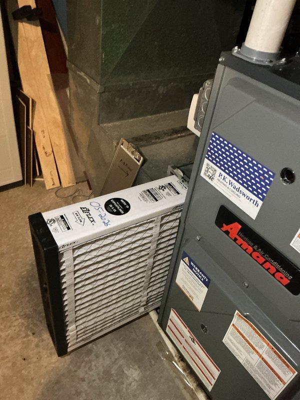 Completed comprehensive heating maintenance on Amana furnace system. Performed standard seasonal inspection including filter examination, verified proper operation of all components, and documented system condition through photography. Unit found in good working order with clean accessible filter assembly and no visible signs of wear or damage requiring immediate attention.