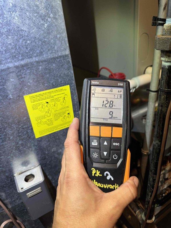 Performed comprehensive preventive maintenance on residential heating system as part of recurring service plan. Conducted combustion analysis using Testo 310 analyzer, recording flue gas temperature of 128°F and verifying proper burner operation and heat exchanger performance. Inspected all system components, tested safety controls, and confirmed equipment is operating within manufacturer specifications for continued reliable heating operation.