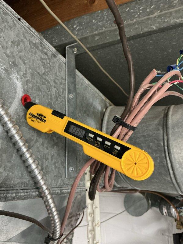 Completed comprehensive heating maintenance on HVAC system. Performed diagnostic measurements using digital clamp meter, recording amperage reading of 82.9 amps to verify proper electrical operation of heating components. Inspected air handler unit and ductwork system, noting significant moisture condensation present throughout interior surfaces of unit and duct chambers, indicating potential humidity concerns or temperature differential issues that may require monitoring during heating season operation. Completed comprehensive heating maintenance on HVAC system. Performed diagnostic measurements using digital clamp meter, recording amperage reading of 82.9 amps to verify proper electrical operation of heating components. Inspected air handler unit and ductwork system, noting significant moisture condensation present throughout interior surfaces of unit and duct chambers, indicating potential humidity concerns or temperature differential issues that may require monitoring during heating season operation.