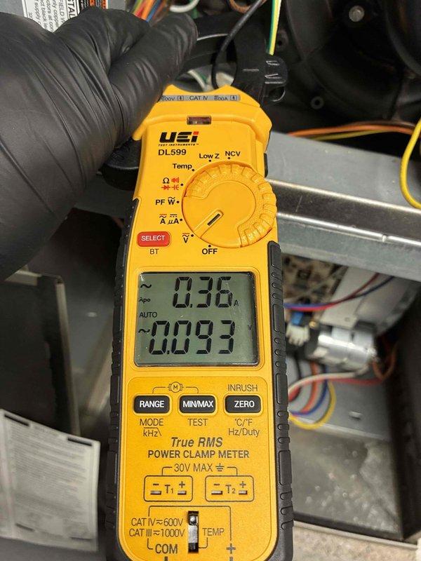 Performed a return visit to diagnose and resolve a thermostat Wi-Fi connectivity issue previously reported by the customer. Inspected the furnace control and blower compartment, verified blower motor amperage draw using a true RMS clamp meter (0.36 A, within normal range), and confirmed the blower wheel was intact and free of damage. Thermostat connectivity was addressed and the system was left operating normally. Performed a return visit to diagnose and resolve a thermostat Wi-Fi connectivity issue previously reported by the customer. Inspected the furnace control and blower compartment, verified blower motor amperage draw using a true RMS clamp meter (0.36 A, within normal range), and confirmed the blower wheel was intact and free of damage. Thermostat connectivity was addressed and the system was left operating normally.