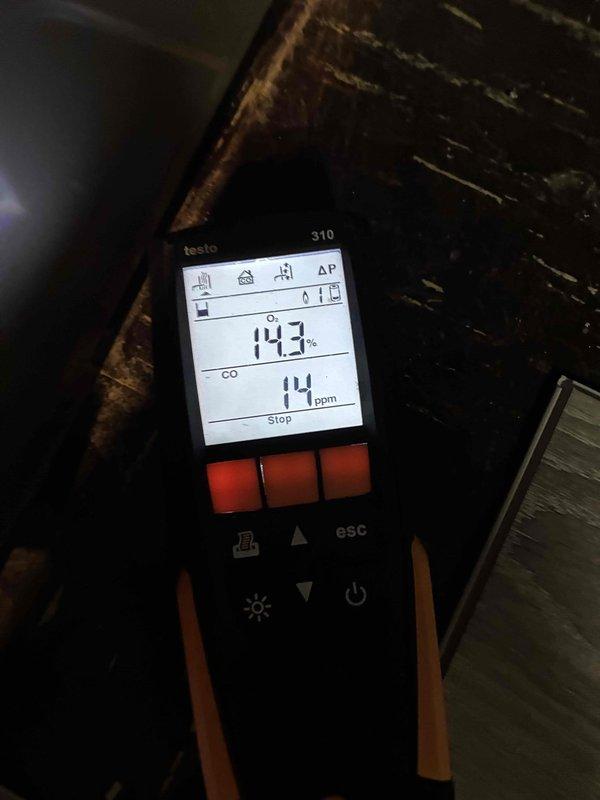Performed a heating-season tune-up on the furnace, including inspection of the cabinet, control wiring, and blower components. Measured blower motor amperage with a clamp meter and performed a combustion analysis, recording oxygen at 14.3% and carbon monoxide at 14 ppm to verify safe, efficient burner operation. Performed a heating-season tune-up on the furnace, including inspection of the cabinet, control wiring, and blower components. Measured blower motor amperage with a clamp meter and performed a combustion analysis, recording oxygen at 14.3% and carbon monoxide at 14 ppm to verify safe, efficient burner operation.