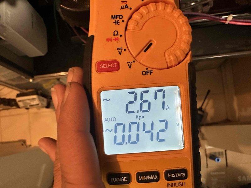 Performed scheduled maintenance on the heating system, including a clamp meter amperage check of the electrical circuit (2.67 A AC measured) to verify normal operating draw. Inspected the blower assembly and wheel, confirming blades are intact, evenly spaced, and free of damage, with the motor shaft and set screw secure. No rust, frost, or other defects were observed, and the system was left operating normally. Performed scheduled maintenance on the heating system, including a clamp meter amperage check of the electrical circuit (2.67 A AC measured) to verify normal operating draw. Inspected the blower assembly and wheel, confirming blades are intact, evenly spaced, and free of damage, with the motor shaft and set screw secure. No rust, frost, or other defects were observed, and the system was left operating normally.
