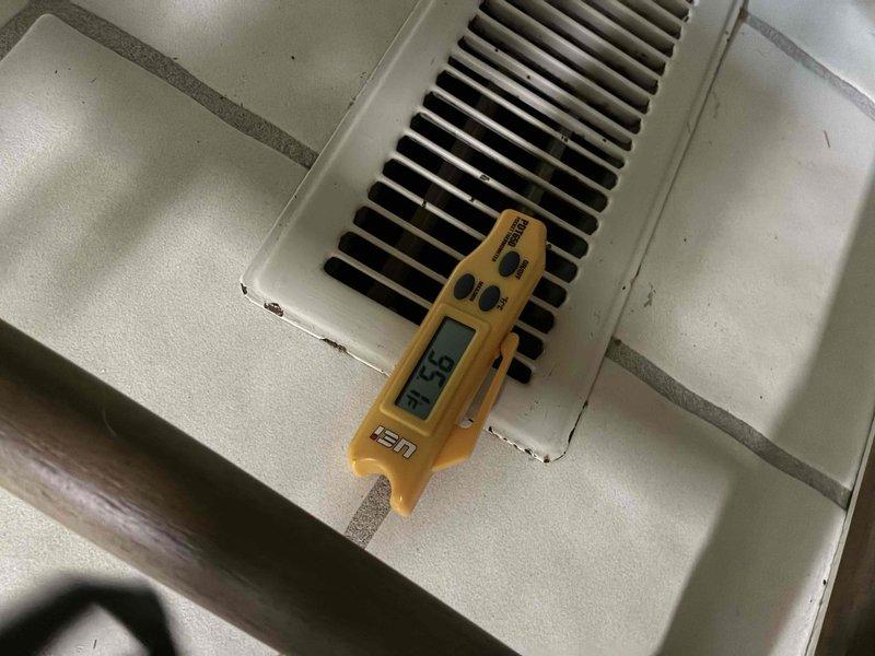 Performed scheduled cooling maintenance on the air conditioning system, including a supply air temperature check at the register, which measured 95.1°F. Used a true RMS clamp meter to measure amperage on the air handler wiring, recording 3.98 A at the blower circuit. Inspected the air handler cabinet interior and found normal dust and wear with no visible damage, frost, or wiring concerns. Performed scheduled cooling maintenance on the air conditioning system, including a supply air temperature check at the register, which measured 95.1°F. Used a true RMS clamp meter to measure amperage on the air handler wiring, recording 3.98 A at the blower circuit. Inspected the air handler cabinet interior and found normal dust and wear with no visible damage, frost, or wiring concerns.