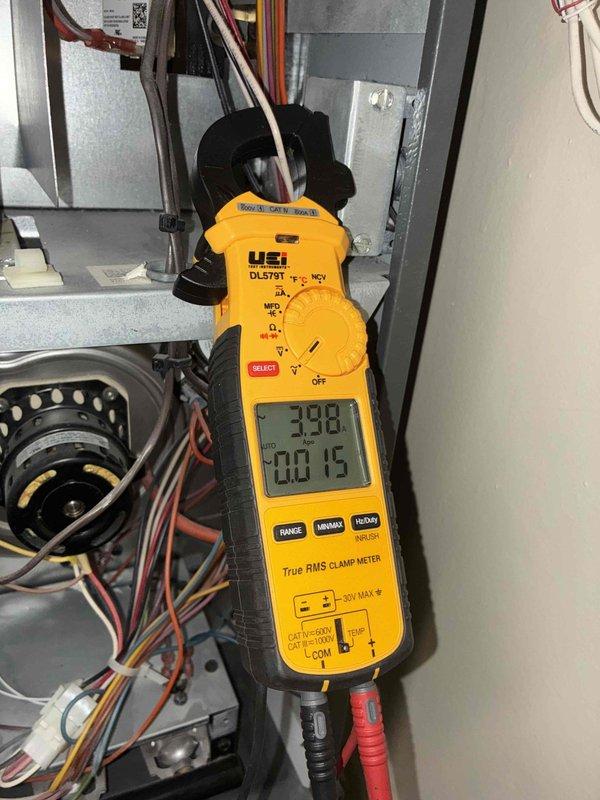 Performed scheduled cooling maintenance on the air conditioning system, including a supply air temperature check at the register, which measured 95.1°F. Used a true RMS clamp meter to measure amperage on the air handler wiring, recording 3.98 A at the blower circuit. Inspected the air handler cabinet interior and found normal dust and wear with no visible damage, frost, or wiring concerns. Performed scheduled cooling maintenance on the air conditioning system, including a supply air temperature check at the register, which measured 95.1°F. Used a true RMS clamp meter to measure amperage on the air handler wiring, recording 3.98 A at the blower circuit. Inspected the air handler cabinet interior and found normal dust and wear with no visible damage, frost, or wiring concerns.