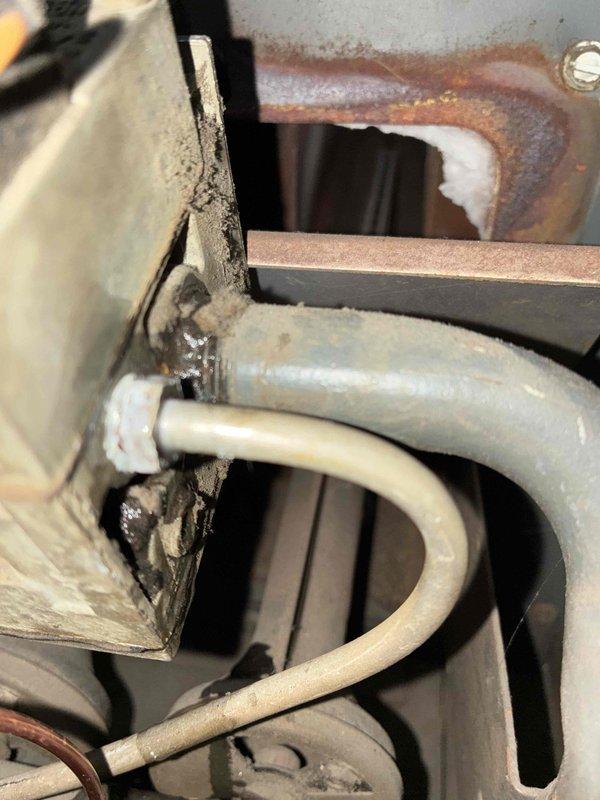 Diagnosed a faulty thermocouple on the gas-fired heating appliance and recommended replacement. Performed combustion analysis with a Testo 310, recording Oâ‚‚ at 19.2% and CO at 2 ppm, and inspected the cabinet, which showed heavy dust accumulation, corrosion at the flue connection, and tar-like residue at the pipe joint. Replaced the thermocouple to restore safe, reliable pilot flame proving and burner operation. Diagnosed a faulty thermocouple on the gas-fired heating appliance and recommended replacement. Performed combustion analysis with a Testo 310, recording Oâ‚‚ at 19.2% and CO at 2 ppm, and inspected the cabinet, which showed heavy dust accumulation, corrosion at the flue connection, and tar-like residue at the pipe joint. Replaced the thermocouple to restore safe, reliable pilot flame proving and burner operation.