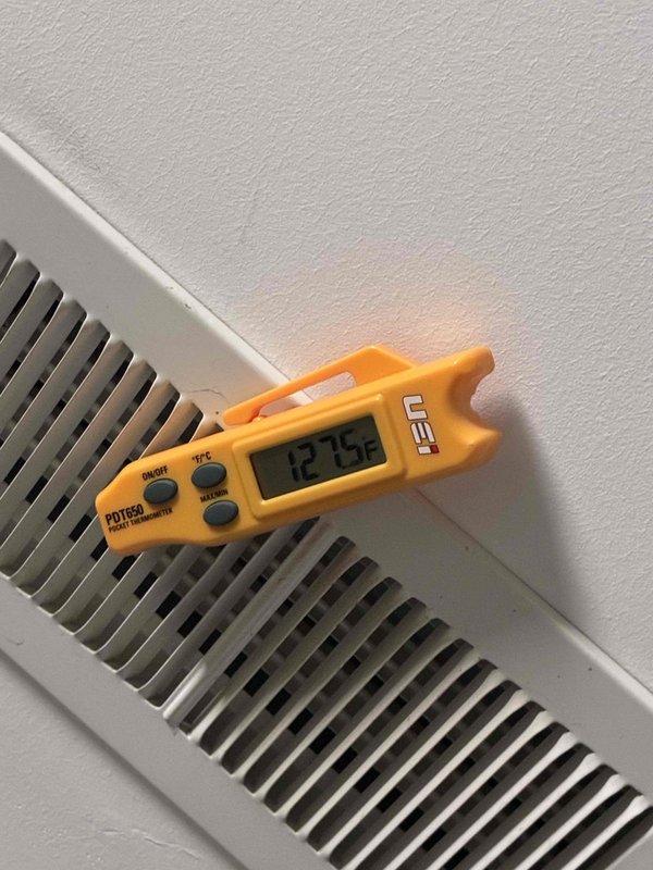 Performed scheduled heating maintenance on the furnace, including a borescope inspection of the heat exchanger and coil area, which revealed frost-like buildup on the surfaces. Verified heating performance by measuring supply air temperature at the register, which read 127.5°F, indicating the system is producing adequate heat output. No visible damage, rust, or other anomalies were observed at the supply vent. Performed scheduled heating maintenance on the furnace, including a borescope inspection of the heat exchanger and coil area, which revealed frost-like buildup on the surfaces. Verified heating performance by measuring supply air temperature at the register, which read 127.5°F, indicating the system is producing adequate heat output. No visible damage, rust, or other anomalies were observed at the supply vent.