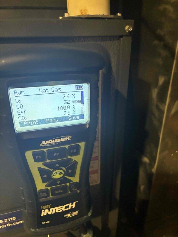 Performed seasonal heating system maintenance, including inspection of the blower compartment and housing, where light dust and soot accumulation and minor debris on the pleated air filter were noted. Conducted a combustion analysis on the natural gas appliance, recording O2 at 7.6% and CO at 32 ppm, to verify safe and proper burner operation. Performed seasonal heating system maintenance, including inspection of the blower compartment and housing, where light dust and soot accumulation and minor debris on the pleated air filter were noted. Conducted a combustion analysis on the natural gas appliance, recording O2 at 7.6% and CO at 32 ppm, to verify safe and proper burner operation.