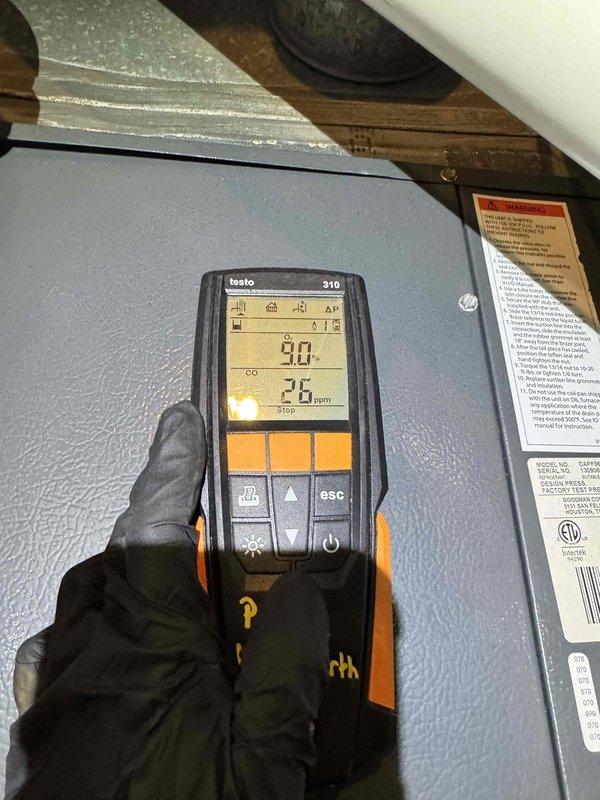 Performed a heating tune-up on the gas furnace, including inspection of the blower motor and blower wheel assembly and verification of electrical connections. Conducted a combustion analysis with a Testo 310 analyzer, recording 9.0% O2 and 26 ppm CO, confirming safe and efficient burner operation. No visible damage, corrosion, or other issues were noted. Performed a heating tune-up on the gas furnace, including inspection of the blower motor and blower wheel assembly and verification of electrical connections. Conducted a combustion analysis with a Testo 310 analyzer, recording 9.0% O2 and 26 ppm CO, confirming safe and efficient burner operation. No visible damage, corrosion, or other issues were noted.