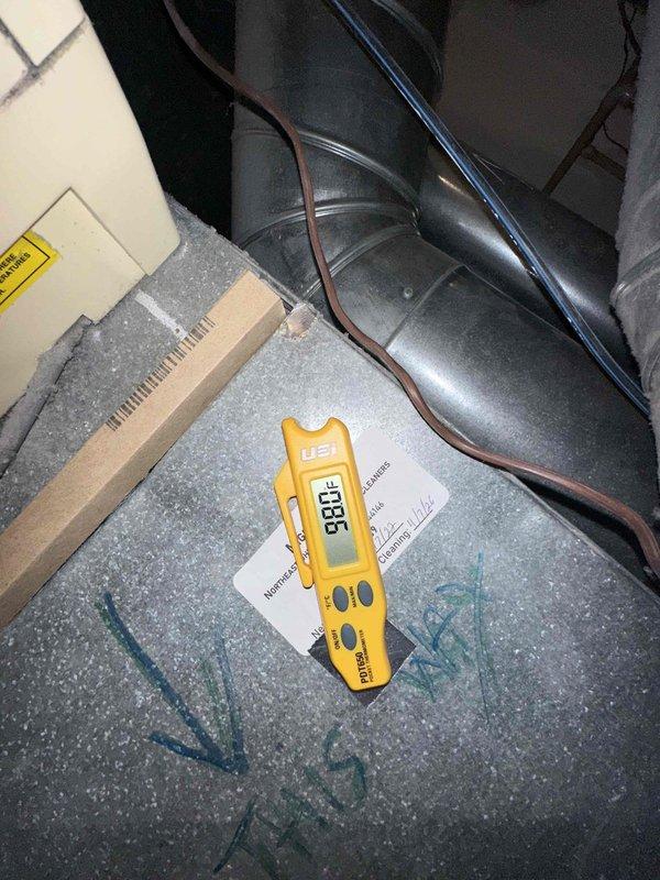 Performed scheduled preventive maintenance on the furnace, including electrical diagnostics with a true RMS clamp meter that confirmed normal amp draw (3.6A) and proper voltage at the unit. Measured air temperature at the ductwork with a digital thermometer to verify heating output, and inspected the wiring, control enclosure, and ductwork connections, noting minor corrosion on an electrical component for monitoring. System operating within normal parameters at completion. Performed scheduled preventive maintenance on the furnace, including electrical diagnostics with a true RMS clamp meter that confirmed normal amp draw (3.6A) and proper voltage at the unit. Measured air temperature at the ductwork with a digital thermometer to verify heating output, and inspected the wiring, control enclosure, and ductwork connections, noting minor corrosion on an electrical component for monitoring. System operating within normal parameters at completion.
