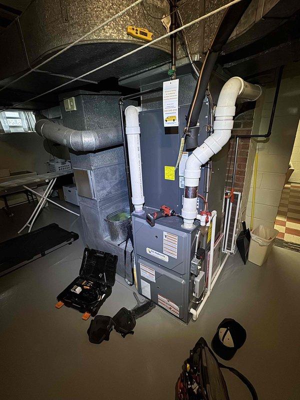 Performed scheduled preventive maintenance on the gas furnace with A/C coil cabinet, including inspection of the PVC combustion air and condensate piping, refrigerant line insulation, plenum and ductwork connections, and the attached humidifier. Verified furnace operation and completed the recurring heating maintenance checklist, with the work area left clean and equipment secured. Performed scheduled preventive maintenance on the gas furnace with A/C coil cabinet, including inspection of the PVC combustion air and condensate piping, refrigerant line insulation, plenum and ductwork connections, and the attached humidifier. Verified furnace operation and completed the recurring heating maintenance checklist, with the work area left clean and equipment secured.