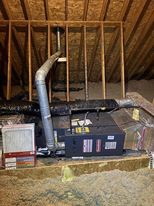 Performed scheduled heating maintenance on an attic-installed Goodman gas furnace, inspecting the cabinet, flue venting, supply plenum, flexible ductwork, and gas connections for proper installation and safe operation. Conducted a combustion analysis with a Testo 310 analyzer, recording 11.3% Oâ‚‚ and 87.3% efficiency, and verified the system was operating within normal parameters, with a replacement pleated air filter on site for installation. Performed scheduled heating maintenance on an attic-installed Goodman gas furnace, inspecting the cabinet, flue venting, supply plenum, flexible ductwork, and gas connections for proper installation and safe operation. Conducted a combustion analysis with a Testo 310 analyzer, recording 11.3% Oâ‚‚ and 87.3% efficiency, and verified the system was operating within normal parameters, with a replacement pleated air filter on site for installation.