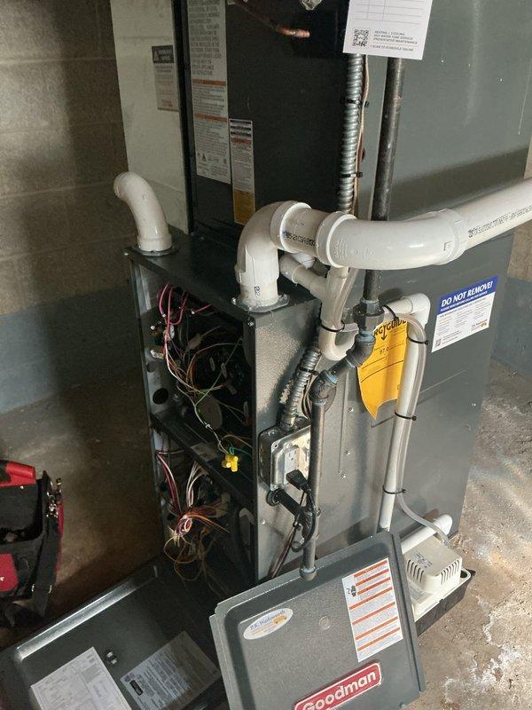 Responded to a no-heat call on a Goodman gas furnace with an attached evaporator coil installed two months prior. Removed the lower access panel and inspected the control board, low-voltage and line-voltage wiring, gas piping, venting, and condensate drain assembly with pump to diagnose the failure to call for heat. No visible damage, corrosion, or frost was found, and the unit was left with the service tag attached. Responded to a no-heat call on a Goodman gas furnace with an attached evaporator coil installed two months prior. Removed the lower access panel and inspected the control board, low-voltage and line-voltage wiring, gas piping, venting, and condensate drain assembly with pump to diagnose the failure to call for heat. No visible damage, corrosion, or frost was found, and the unit was left with the service tag attached.