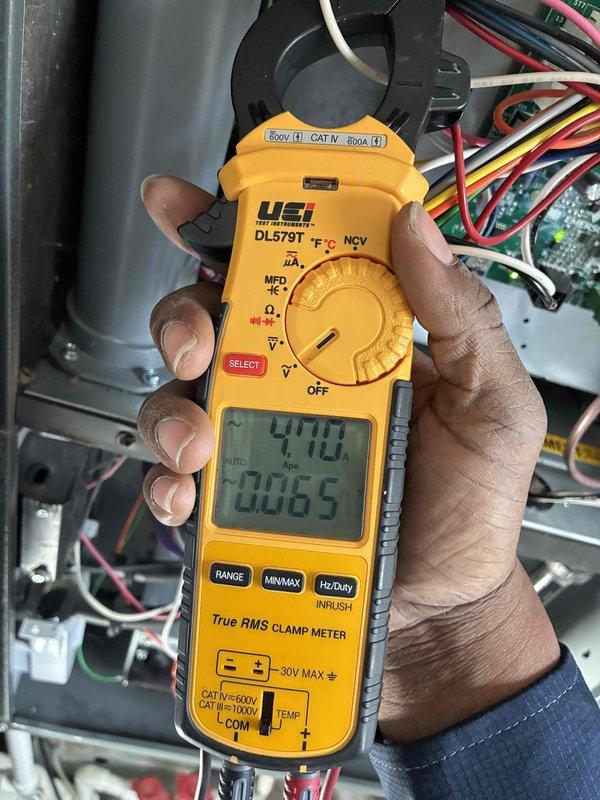 Performed seasonal furnace maintenance, inspecting the 16x20x1 pleated air filter and confirming it was clean and free of damage or restriction. Measured component amperage with a true RMS clamp meter (approximately 4.70 A) to verify electrical operation, and visually inspected the control board, wiring, and terminal connections, finding no signs of frost, rust, or damage. Performed seasonal furnace maintenance, inspecting the 16x20x1 pleated air filter and confirming it was clean and free of damage or restriction. Measured component amperage with a true RMS clamp meter (approximately 4.70 A) to verify electrical operation, and visually inspected the control board, wiring, and terminal connections, finding no signs of frost, rust, or damage.
