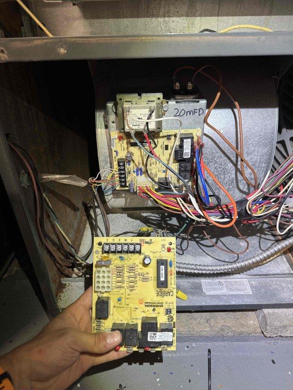Chagrin Falls, OH - Responded to a no-heat call on a furnace over 10 years old and diagnosed a fault at the integrated furnace control board, which was found installed in the air handler cabinet with a dense wiring harness. Replaced the control board with a compatible unit, transferred all low-voltage and line connections, and verified a proper heat call sequence and normal operation. Chagrin Falls, OH - Responded to a no-heat call on a furnace over 10 years old and diagnosed a fault at the integrated furnace control board, which was found installed in the air handler cabinet with a dense wiring harness. Replaced the control board with a compatible unit, transferred all low-voltage and line connections, and verified a proper heat call sequence and normal operation.