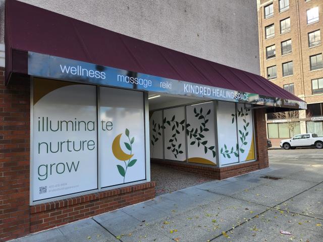 Transform your business storefront into a captivating visual masterpiece with our custom vinyl storefront graphics!    Here are some window graphics we printed and installed for Kindred Healing of Everett!  .  .  .  #WindowGraphics #Stickers #Sticker #Design #SmallBusiness #Business #Promotion #Marketing #Branding #vinylgraphics #windowwraps #diecutgraphics #vinyllettering #signage #perforatedvinyl #storefronts