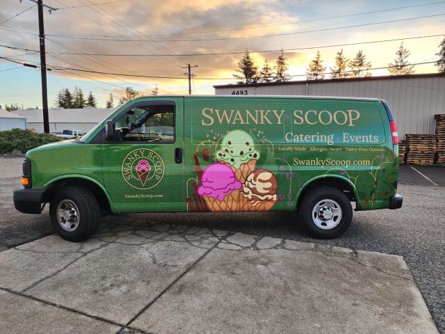 Fresh look on wheels for Swanky Scoop 🍦  We just wrapped their catering van with a full custom wrap using Avery 1105 Supercast vinyl, giving it a bold, polished finish that’s built to last. This van is now ready to turn heads at every event and bring the Swanky Scoop brand wherever they go.    Commercial vehicle wraps are one of the best ways for small businesses to stand out and advertise on the move, and this one definitely delivers.    #SwankyScoop #VehicleWrap #FullWrap #VinylWrap #Avery1105 #SupercastVinyl #CommercialVehicleWrap #CateringVan #CustomVinyl #VinylGraphics #CustomSigns #SmallBusiness #SmallBusinessSupport #Woodinville #WoodinvilleWA #WashingtonState #PNWBusiness #MobileMarketing #BrandingOnWheels