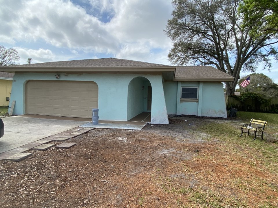 Residential exterior paint project. Prep is done. Fascia and  soffit are sprayed. Ready to start in the new body color. 