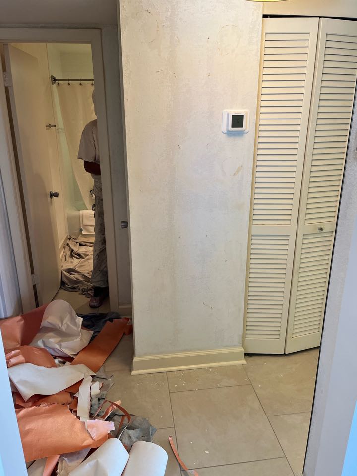 Removing wallpaper on this interior repaint with Premier Painting And Coating call for your free estimate (727)440-9393 Interior exterior residential or commercial