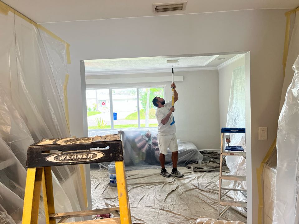 Ceilings getting rolled out while the rest of the house is being prepped on this interior repaint with Premier Painting And Coating call for your free estimate (727)450-9393 Interior exterior residential or commercial