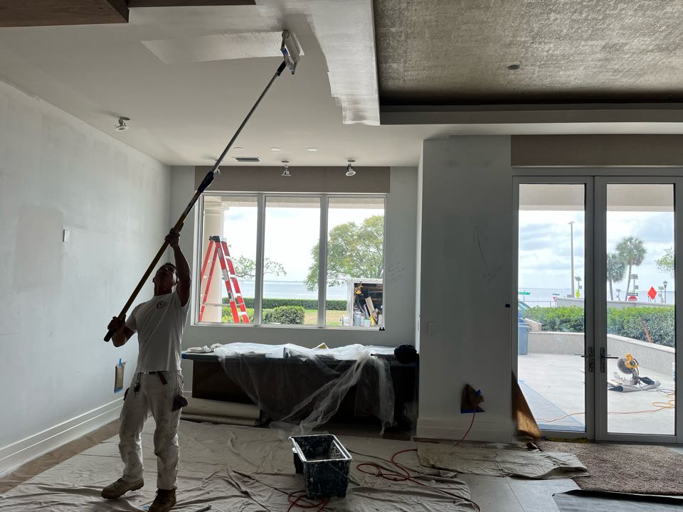 Finishing touches on ceiling and trim on this beautiful interior exterior remodel/repaint with Premier Painting And Coating call for your free estimate (727)440-9393 drywall repairs, stucco, repairs, interior, exterior residential, or commercial painting