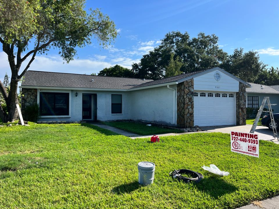 All pressure washed now ready for prep. Cannot wait to see the transformation on this repaint with. Premier Painting and Coating call for your free estimate (727)440-9393 stucco repairs, drywall, repairs, interior, exterior residential commercial, and cabinetry painting