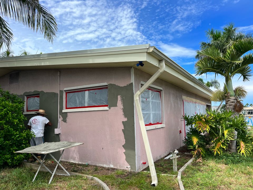 Making nice headway applying new stucco to this beautiful home. Can’t wait to see it with some fresh paint with Premier Painting and Coating call for your free estimate (727)440-9393 drywall repairs, stucco repairs, interior, exterior residential commercial, and cabinetry painting