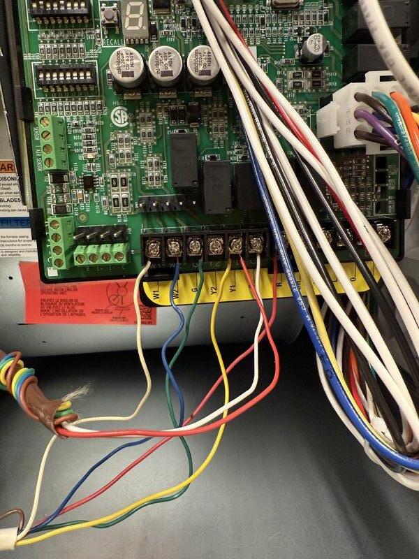 Completed installation of Lennox EL297V 70K BTU furnace sourced from stock inventory. Verified proper leveling of the unit during installation and connected control board wiring according to manufacturer specifications. All system connections were properly terminated at the circuit board terminal block with appropriate wire routing.