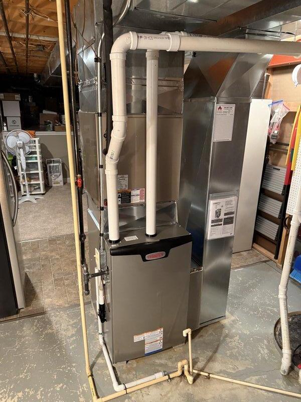 Successfully installed a Lennox EL297V 90K high-efficiency furnace to resolve the no-heat condition. Replaced existing 2" PVC vent pipes with new materials, including upsizing the exposed portions to 3" diameter with appropriate elbows for proper ventilation. Installed and configured a new Ecobee thermostat with 2-stage heat and cooling functionality.