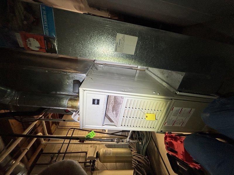 Performed fall maintenance service on customer's furnace under CCC Quality Plan. Unit is significantly aged (30+ years) with standard ductwork and connections observed in basement utility area. Recommended replacement quote due to furnace age and potential efficiency/reliability concerns.