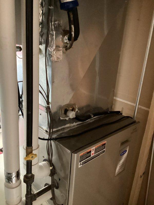 Responded to after-hours no heat call for new customer. Diagnostic inspection revealed failed heat exchanger in aging furnace (10+ years old). Due to safety concerns and age of equipment, recommended replacement. Installed new unit to restore heating function. Documented condition with photos showing original installation and heat exchanger damage.