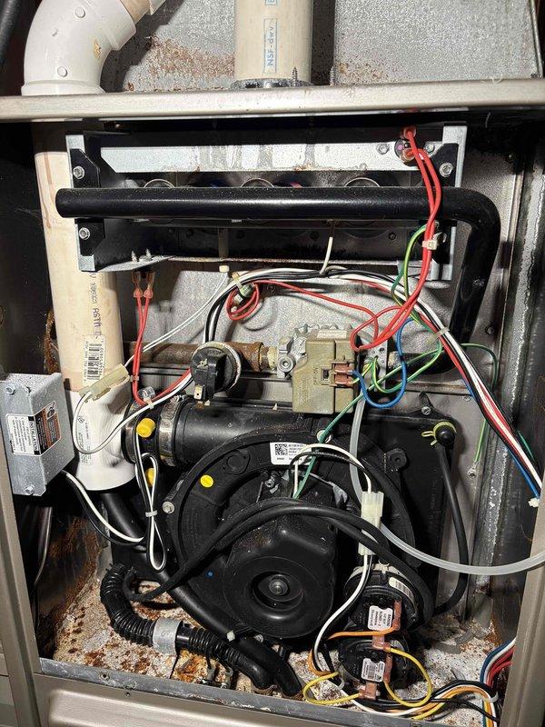 Performed scheduled furnace maintenance inspection, which showed system in generally good operating condition. Identified damaged water line on humidifier requiring replacement. Examined non-functional Williams wall heater in garage per customer request. Recommended full system replacement (furnace with AC) if customer is planning to replace AC unit in near future.