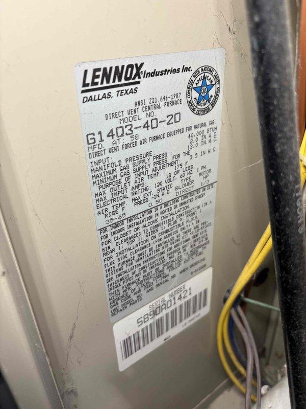 Responded to no heat complaint on residence with dual furnace system. Performed diagnostic inspection on Lennox G1403-40-20 direct vent central furnace showing signs of age. Exterior inspection revealed heat pump/AC unit covered with snow which was cleared to ensure proper airflow and operation.