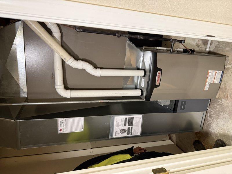 Completed installation of Lennox EL297V 70K BTU high-efficiency furnace with new media filter and return ductwork. Ensured proper leveling of unit and connected to existing PVC venting system. Performed standard operational testing to verify proper function before completion.