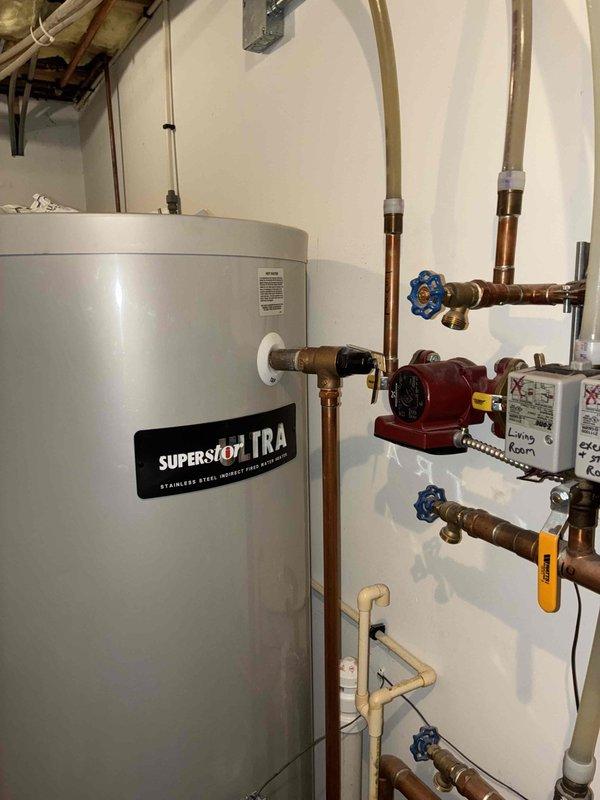 Completed prepaid maintenance service on one boiler and two furnaces. Performed inspection of hot water heating system including circulator pump and associated plumbing components. Identified deteriorated flame probe, ignition probe, and combination valve requiring replacement, as well as a backflow pressure reducing valve needing repair. Air filters (20x25x4, 16x25x4) were replaced during service visit.