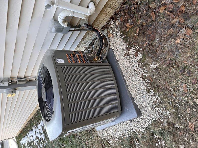 Completed installation of new complete HVAC system including Lennox EL197V 70K BTU high-efficiency furnace and EL15KC1 2.5 Ton air conditioning unit with 36B-71 coil. System was properly mounted on concrete pad with appropriate condensate drainage and refrigerant lines, and all components were level-tested to ensure optimal performance.