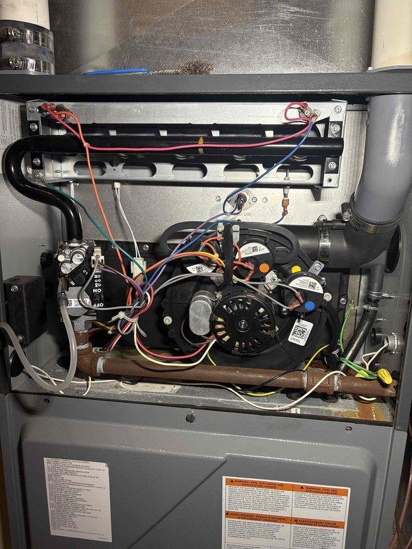 Performed standard furnace tune-up on Daikin unit. Identified leaking collector box during inspection. Documented issue with photographic evidence of system components and interior furnace assembly. Ordered replacement collector box to address water leak.