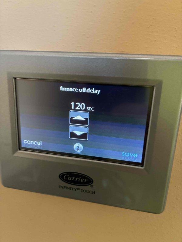 Responded to service call for furnace not running when filter is installed. Discovered issue with the furnace's filter safety switch. Adjusted furnace off delay settings on the Carrier Infinity Touch thermostat to 120 seconds and ensured proper filter installation to resolve the non-operation issue.