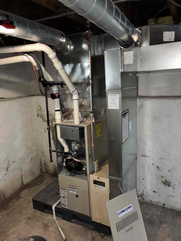 Responded to no-heat call for aging Concord furnace. Inspection revealed significant rust on heat exchanger with visible flame irregularities. Determined heat exchanger has failed, creating potential carbon monoxide hazard. Advised customer that replacement of major components is necessary due to unit's advanced age and safety concerns.